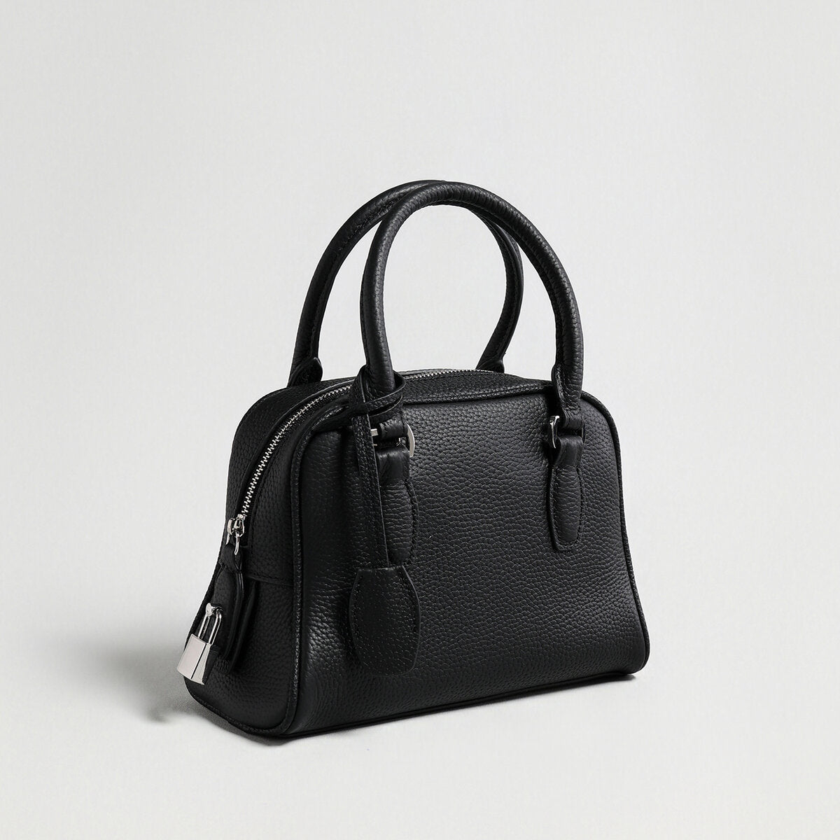 Mini Pebbled Leather Bowling Bag with Padlock Charm - Black