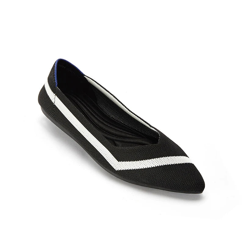 Comfortable Woven Striped Pointed Toe Flats - Black