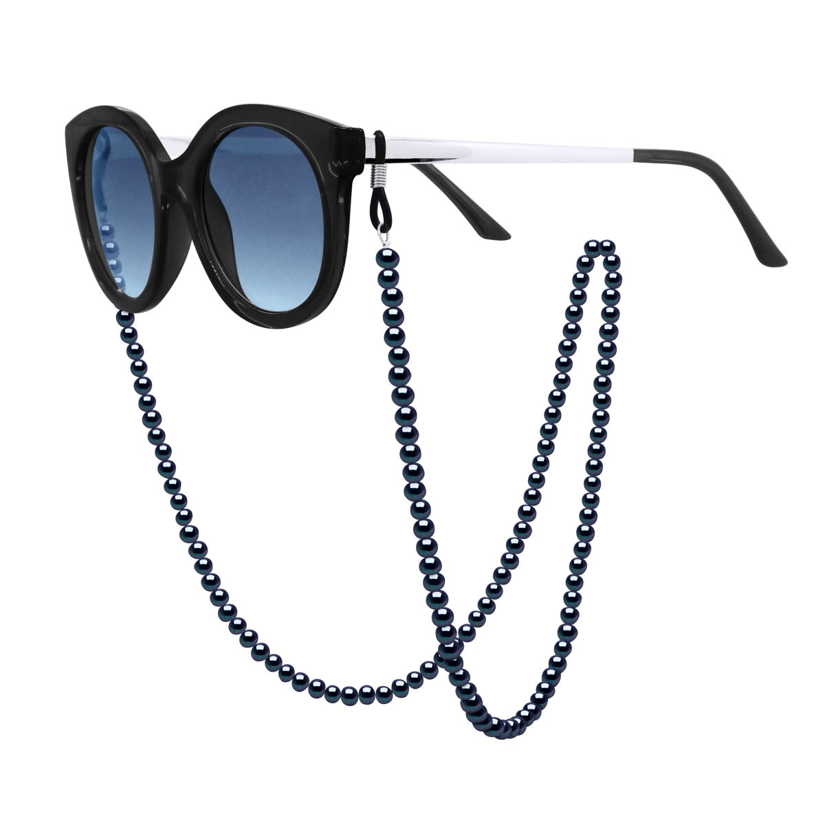 Row of Pearls Glasses Holder -Real Cultured Freshwater Pearls Semi Round-round 5-6 mm - Black Tahiti - Longueur 42 cm