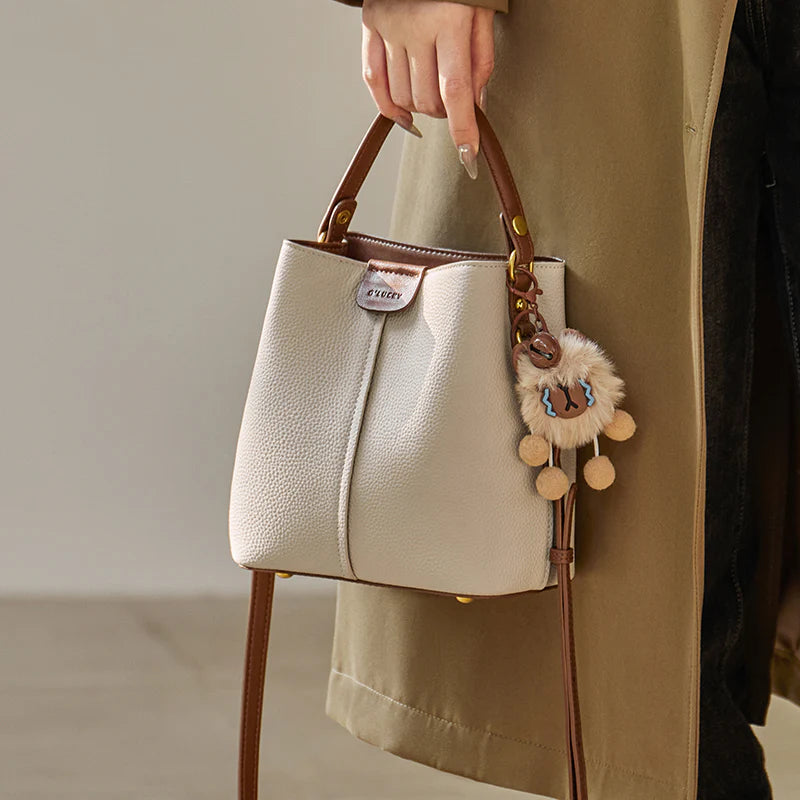 Nalandu Colorblock Leather Bucket Shoulder Bag - Ivory