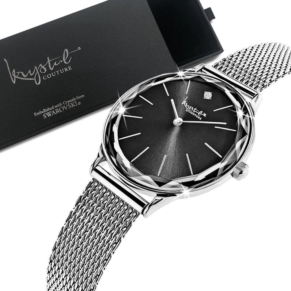 Krystal Couture Krystal Couture Geometric Mineral Glass Feat SWAROVSKI Crystal Watch White Gold Black