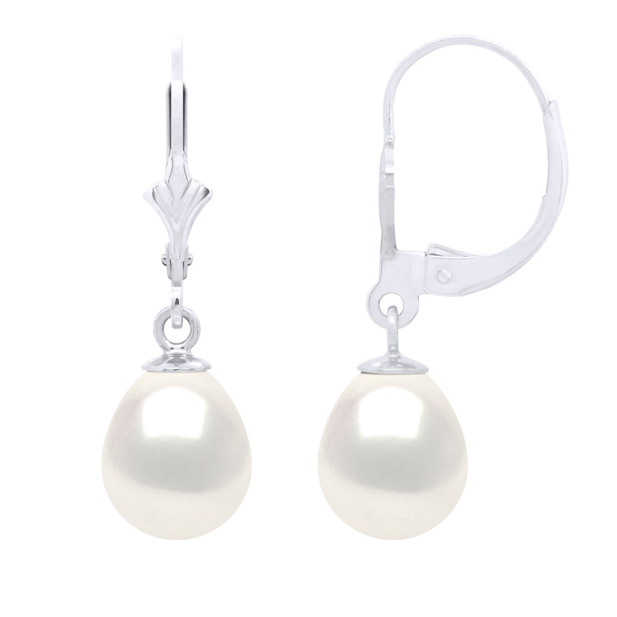 Earrings In White Gold 375 and Real Cultured Freshwater Pearls Pear 8-9 mm - Natural Pearl White - Longueur 42 cm