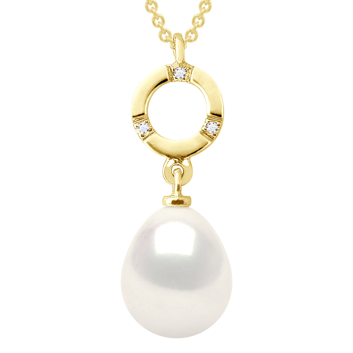 Necklace Jewelry Diamond 0.01Cts (3 X 0.0033 Cts) Yellow Gold and Real Cultured Freshwater Pearl Pear 9-10 mm - Natural White - Length Chain 42 cm