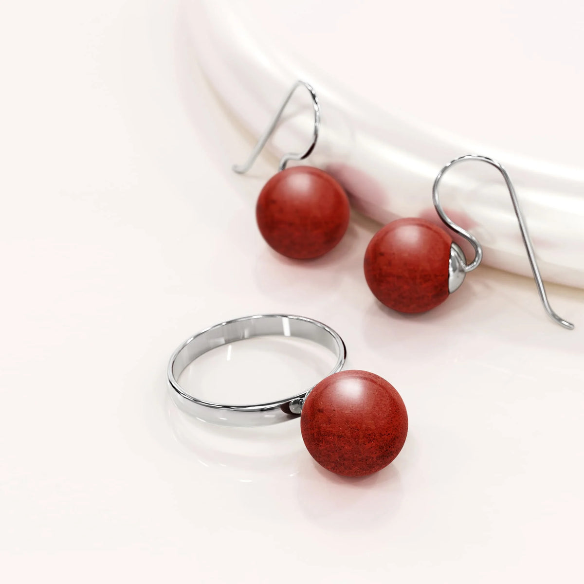 Solid 925 Sterling Silver Tint of Coral Red Ring
