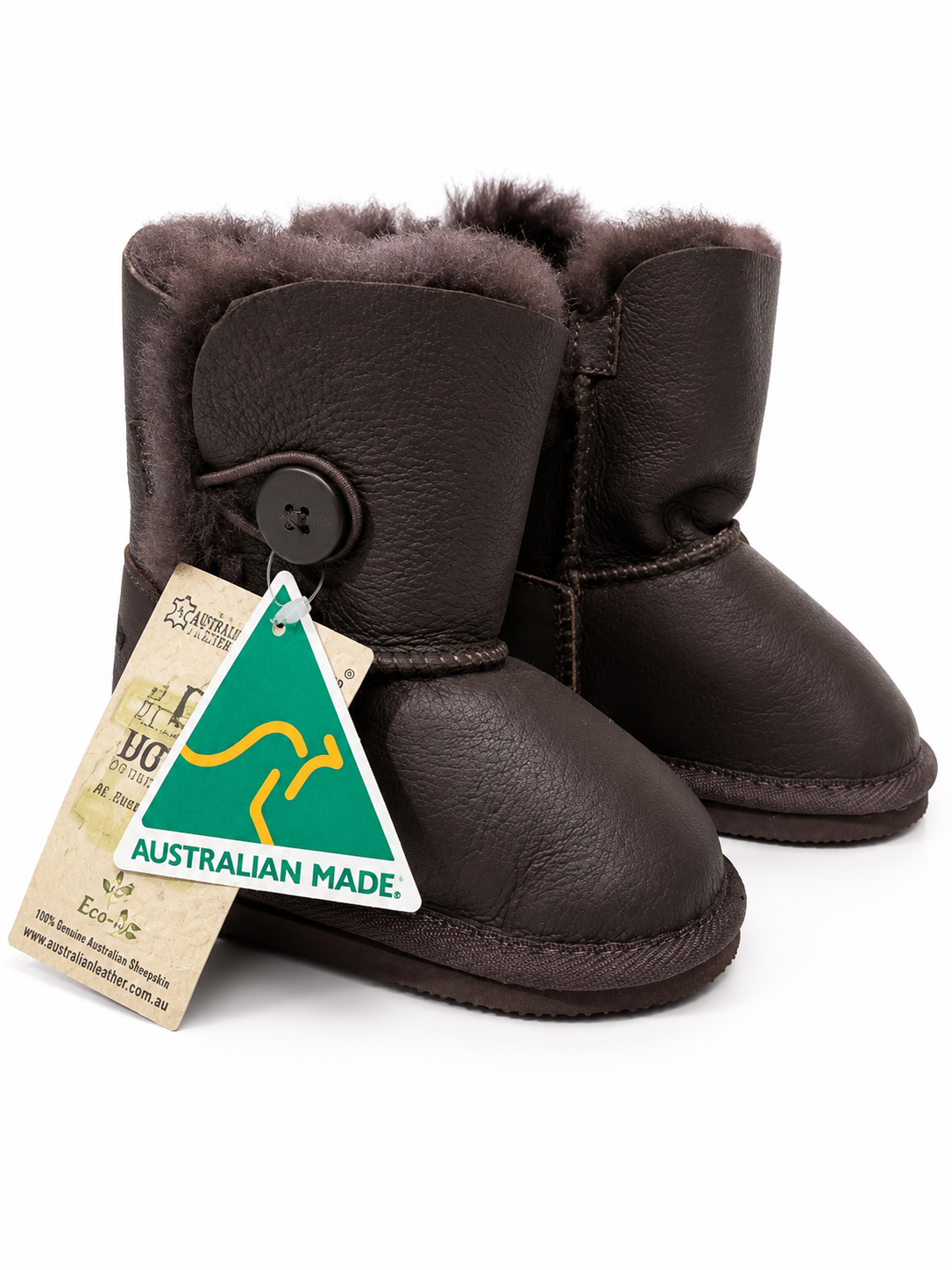 Australian Leather Ugg Kids 1Button Leather Short - Chocolate - AU12