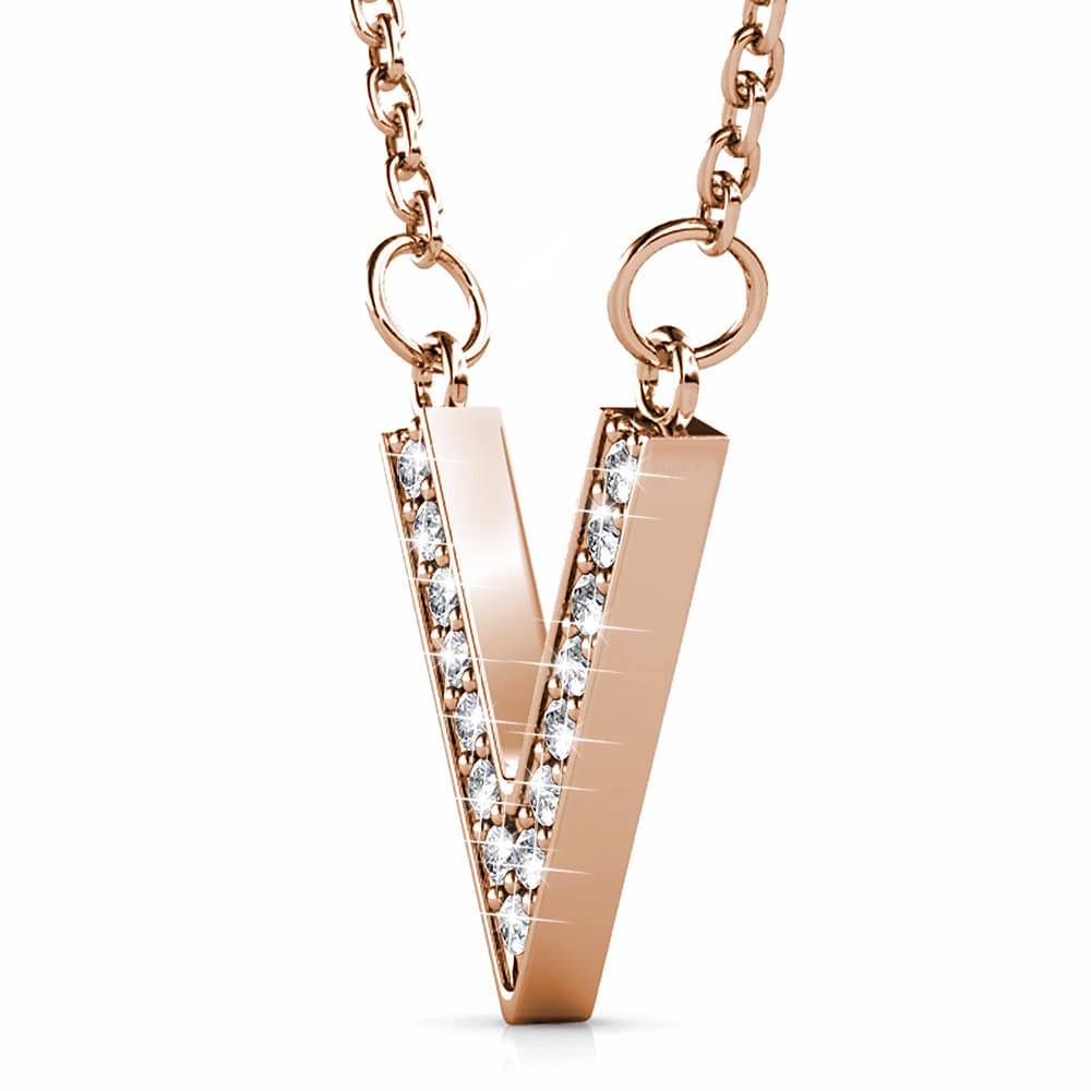 Krystal Couture Luxury V Shaped Pendant Necklace in Rose Gold Embellished with Swarovski Crystals