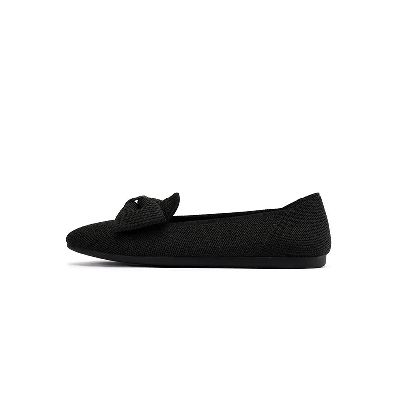 Bow Detail Round Toe Knit Flat Loafers - Black