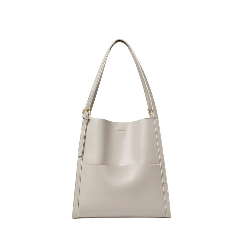 Nalandu Minimal Soft Leather Commuter Tote Bag - Ivory