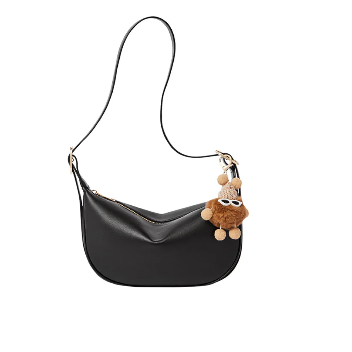 Nalandu Crescent Leather Crossbody Shoulder Bag with Bear Charm - Black