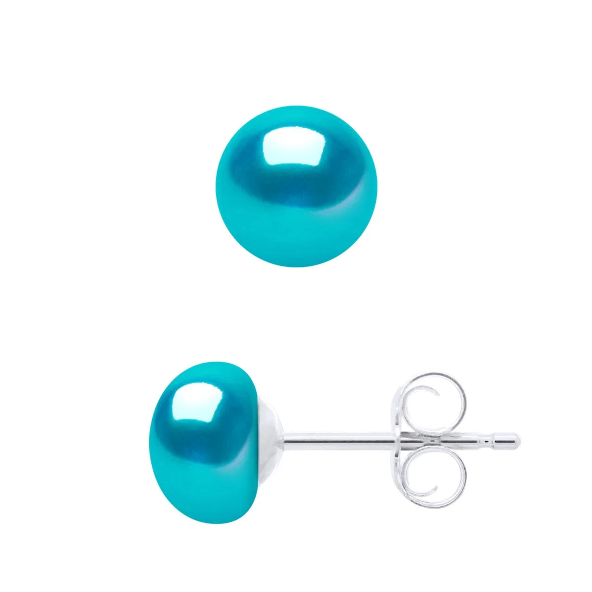 Earrings Button Freshwater Pearl & Turquoise Sterling Silver 6-7mm