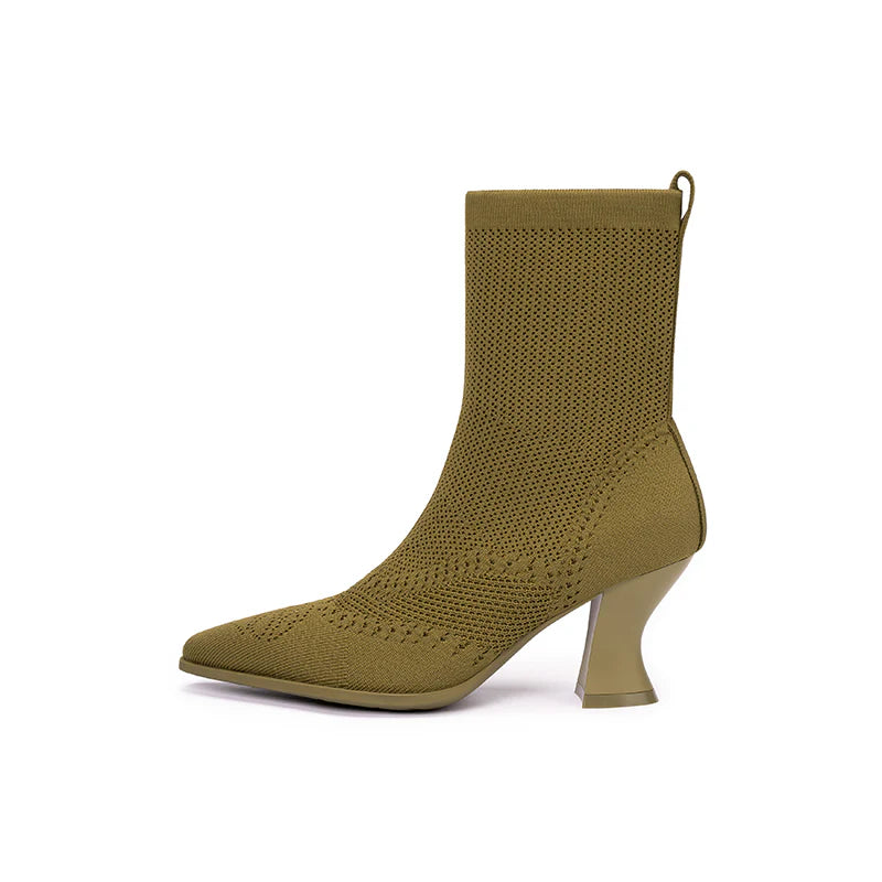Pointed Toe Knit Sock Boots - Avocado