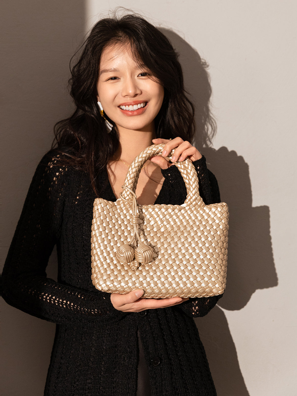 Happy Mini Woven Leather Top Handle Bag - Champagne