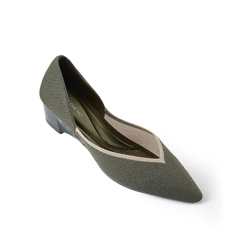 Minimalist Heart Heel Pointed Toe Knit Flats - Olive