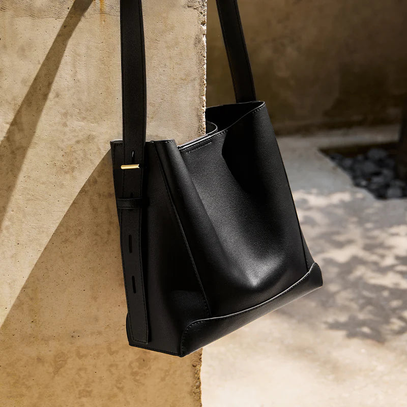 Nalandu Luxe Genuine Leather Bucket Tote Shoulder Bag - Black