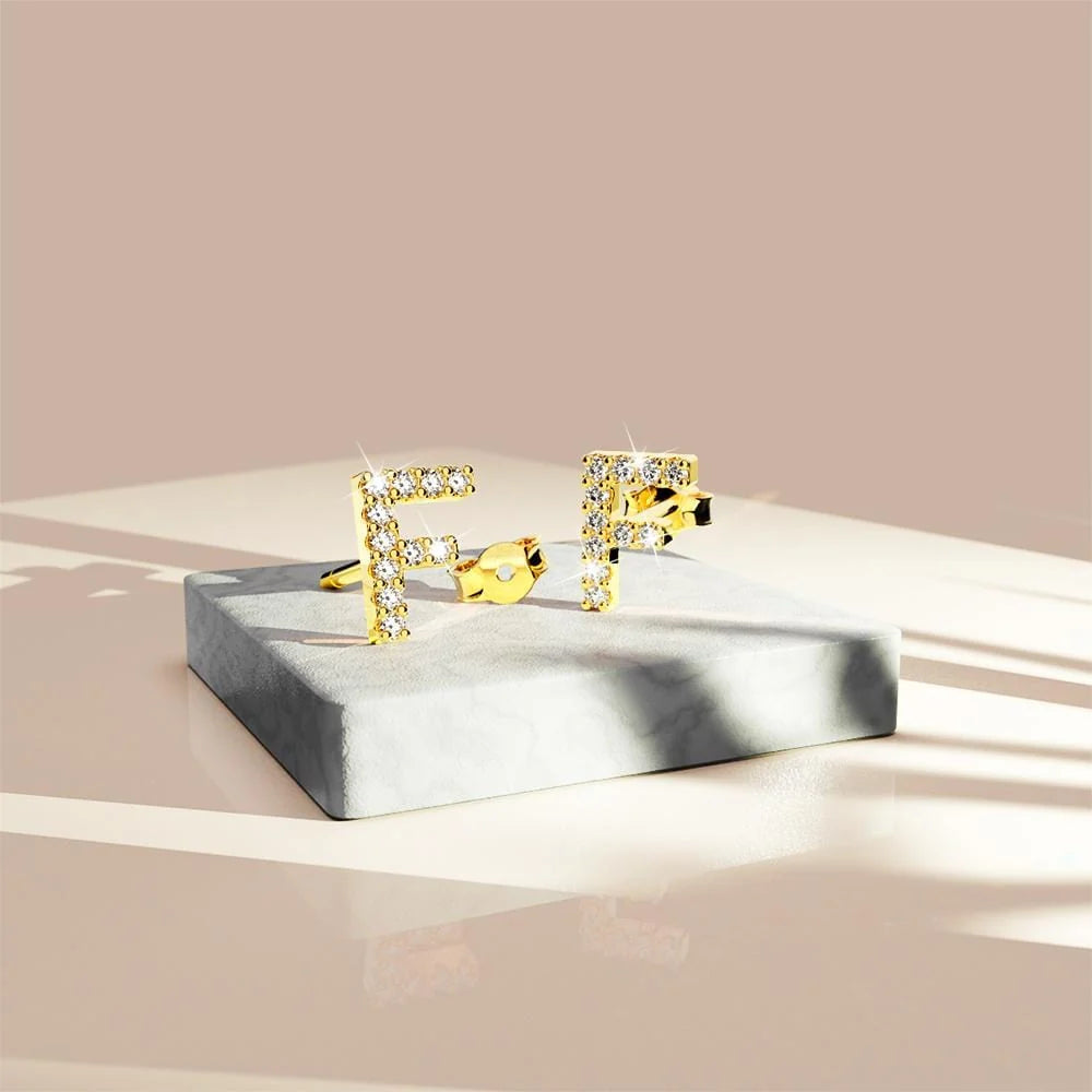 Solid 925 Sterling Silver Glamour Alphabet Letter Earrings Gold