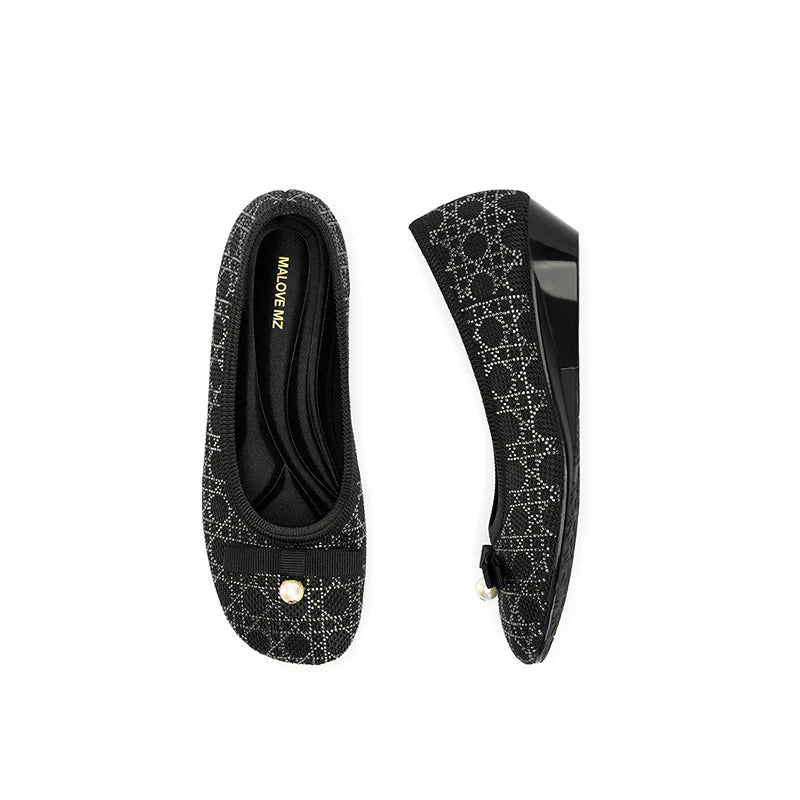 Pearl Bow Czech Crystal Knit Round Toe Wedge Pumps - Black