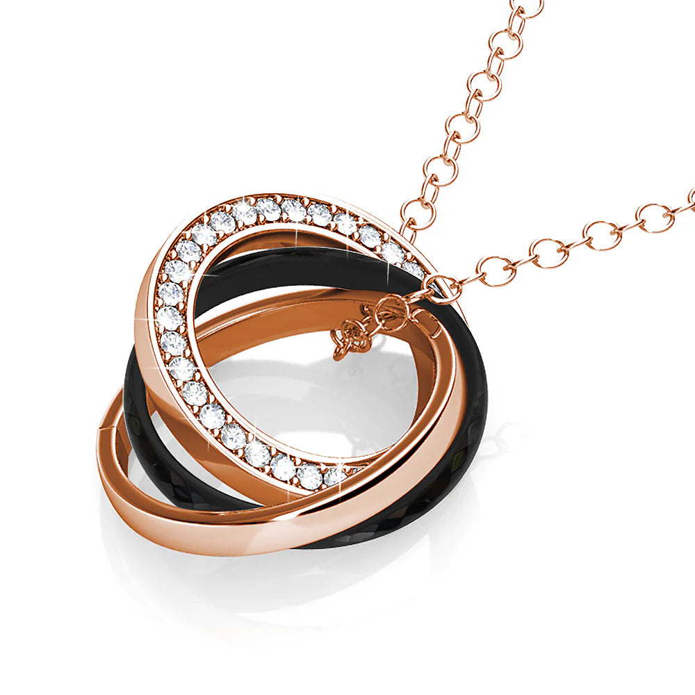 Krystal Couture Rose Gold Triple Interlocking Ring Black Pendant Necklace Embellished with Swarovski Crystals
