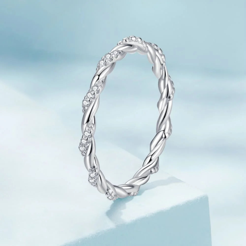 Solid 925 Sterling Silver Twisted Crystal String Ring