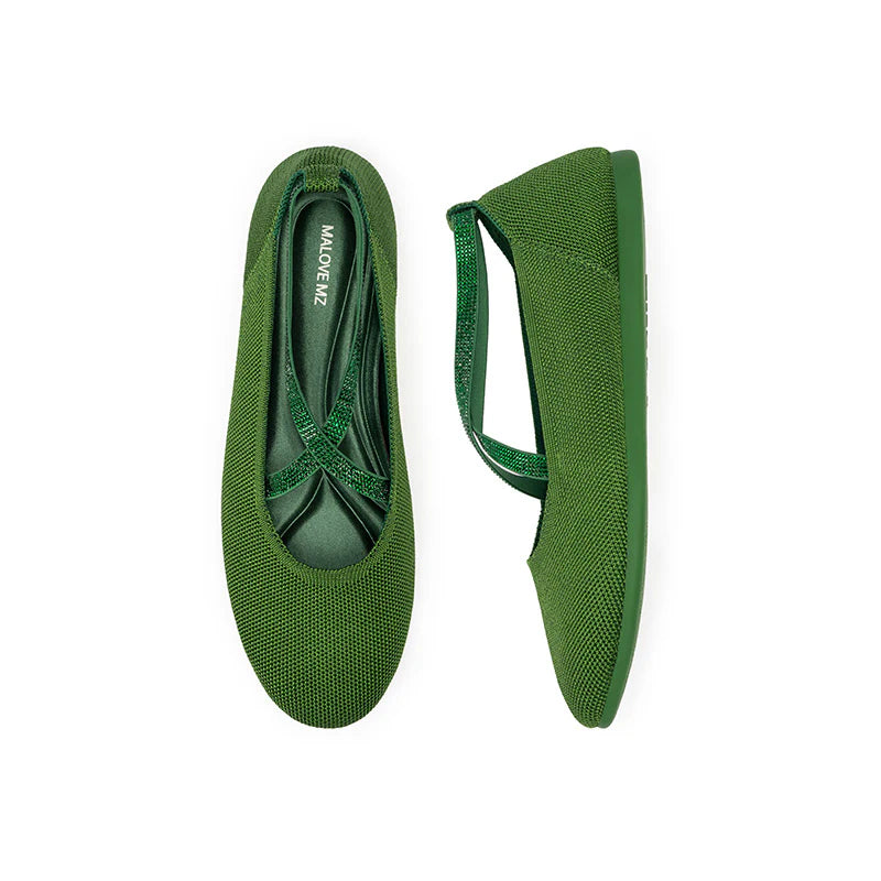 Rhinestone Cross Strap Knit Ballet Flats - Green