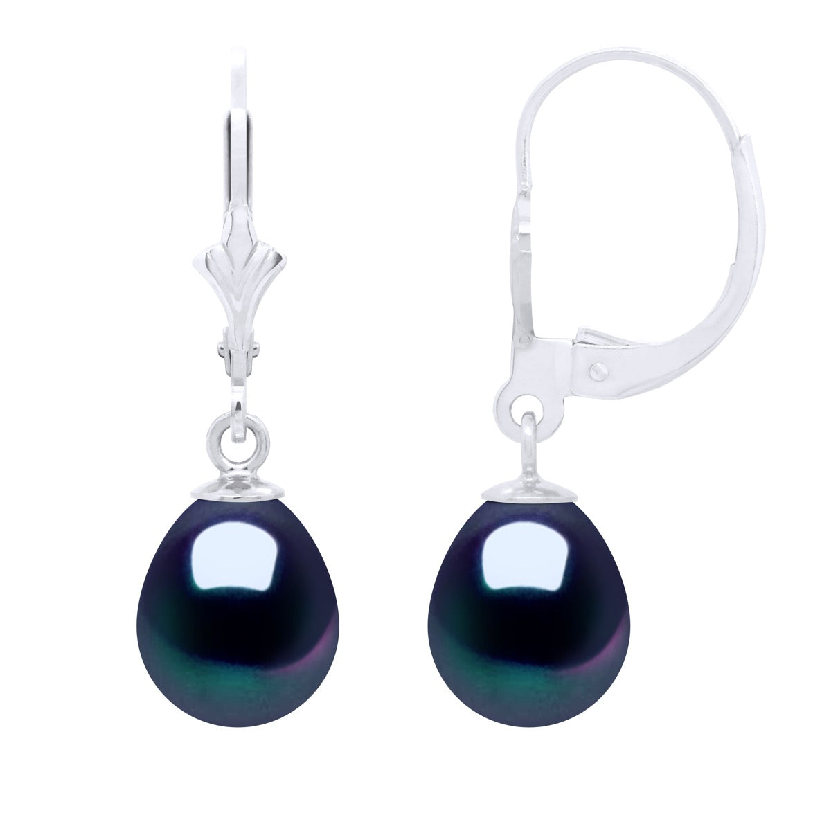 Earrings In White Gold 375 and Real Cultured Freshwater Pearls Pear 8-9 mm - Black "Tahitian Style" - Longueur 42 cm