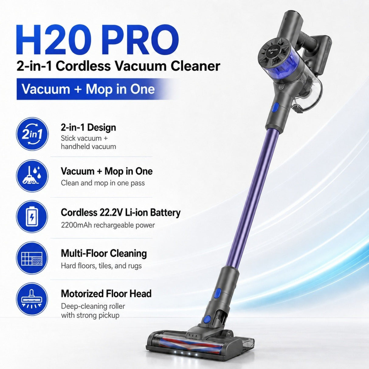 MyGenie H20 PRO Wet Mop 2-IN-1 Cordless Stick Vacuum - Blue