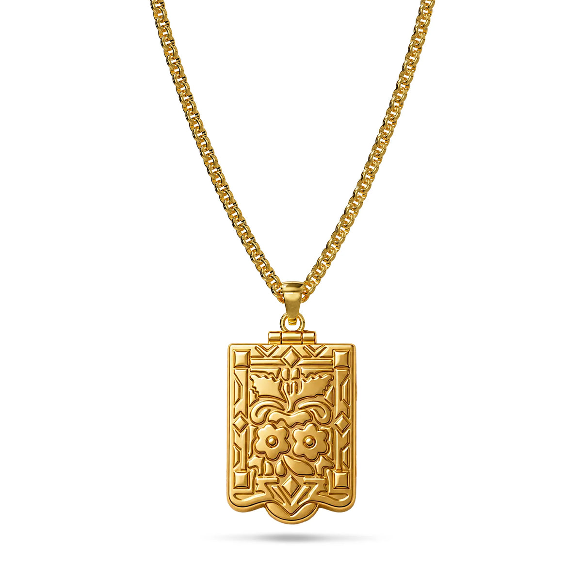 Bullion Gold Engraved Shield Photo Locket Necklace