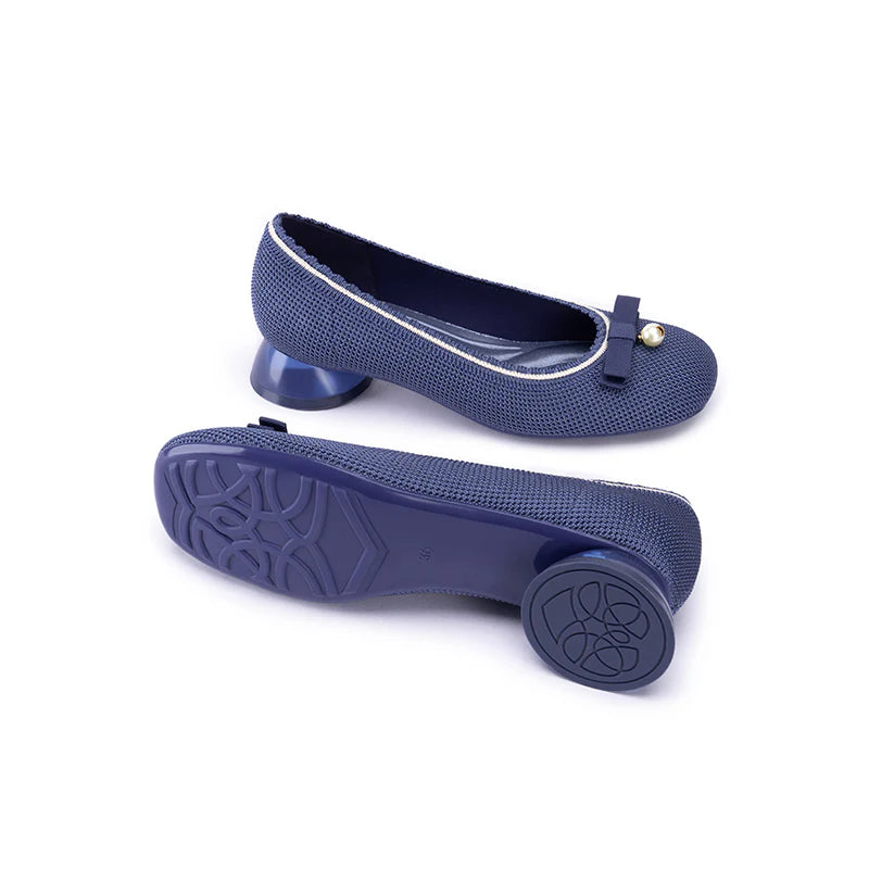 Pearl Bow Knit Square Toe Loafer Pumps - Indigo