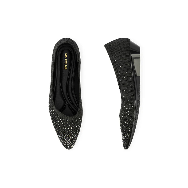 Rhinestone Gradient Knit Pointed Toe Wedge Flats - Black