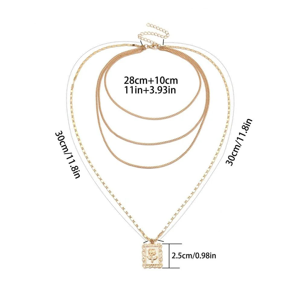 Multilayer 4 Piece Large Trendy Flower Pendant Layering Gold Necklace