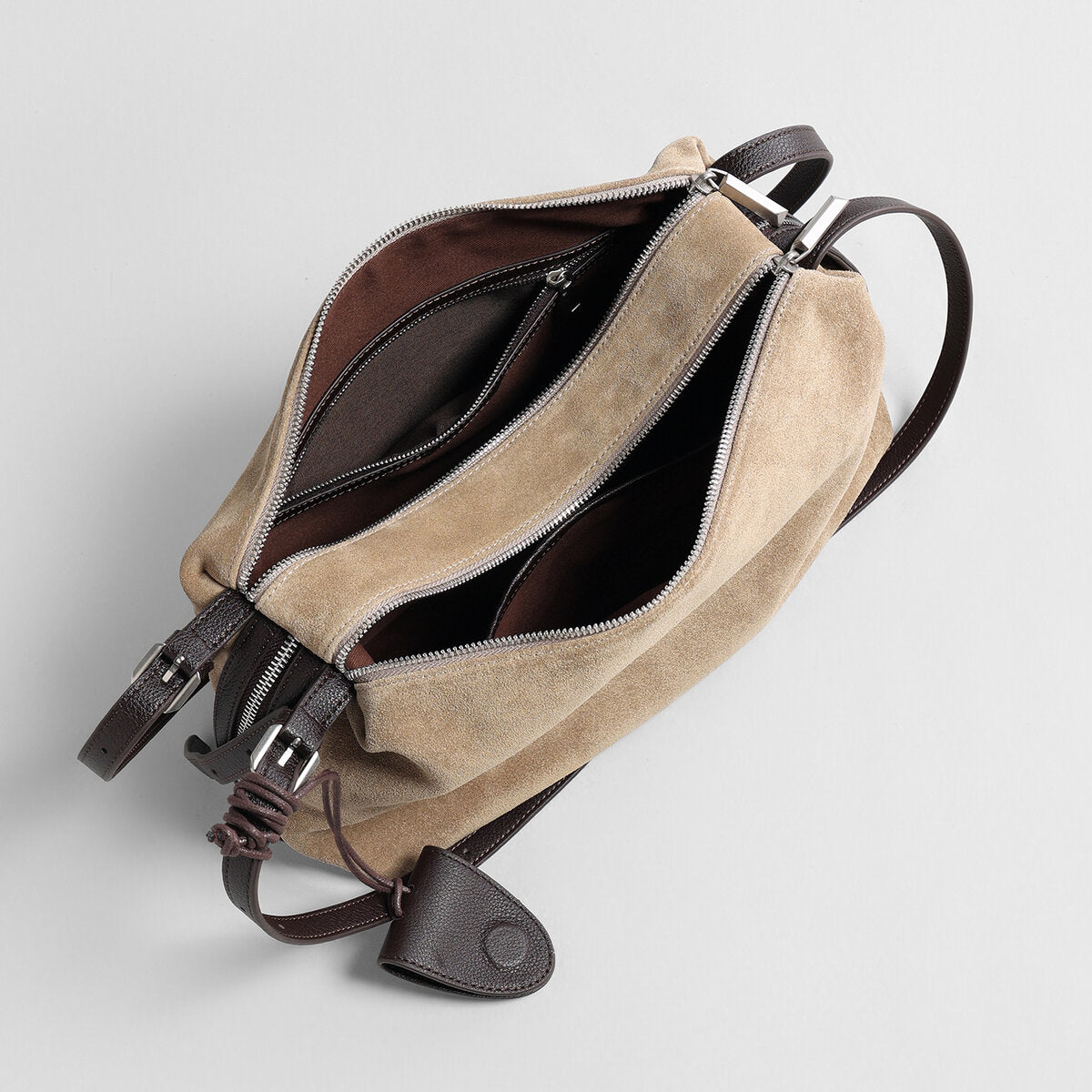 Suede Leather Slouchy Pillow Shoulder Bag - Oat