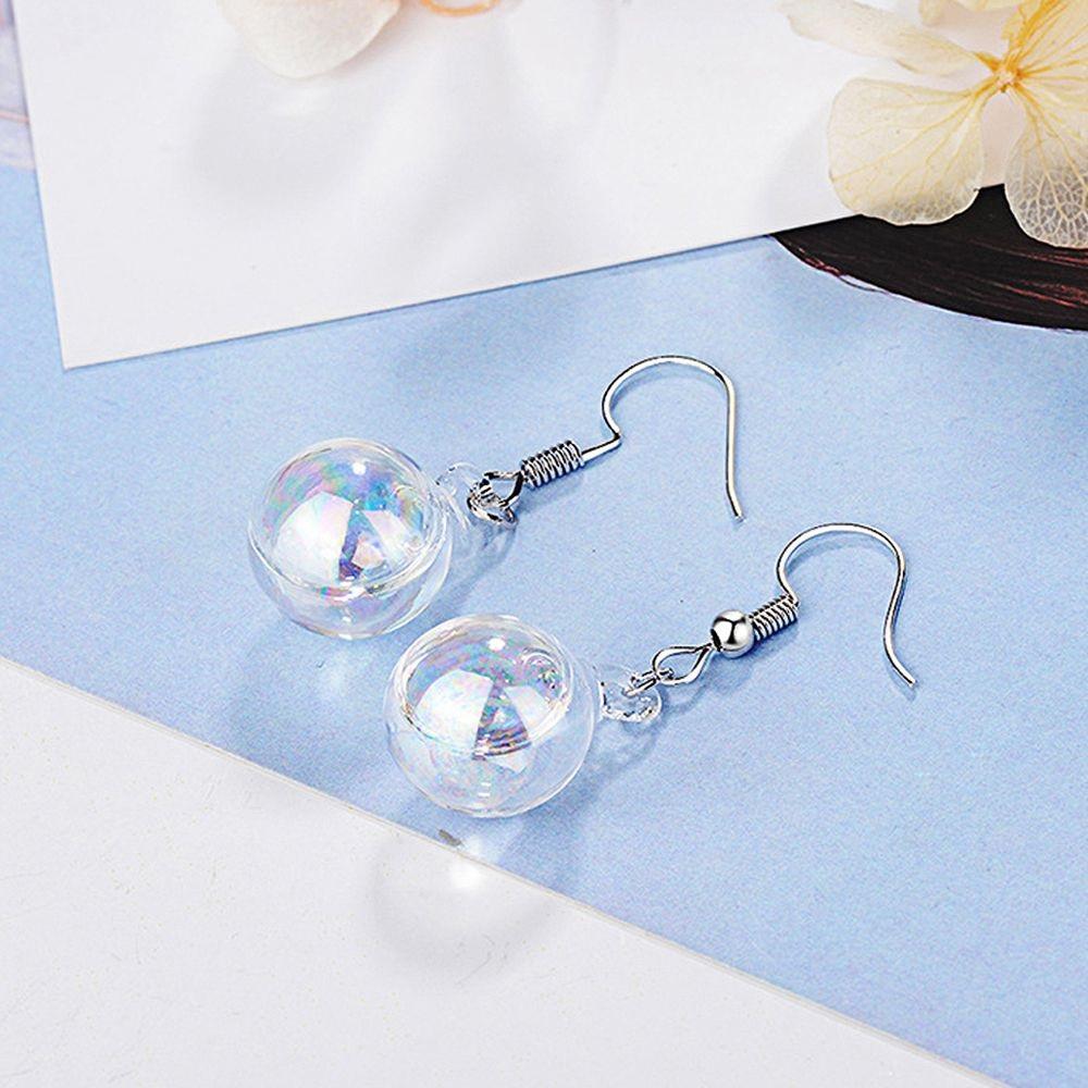 Clear Rainbow Glass Bubble White Gold Layered Drop Earrings