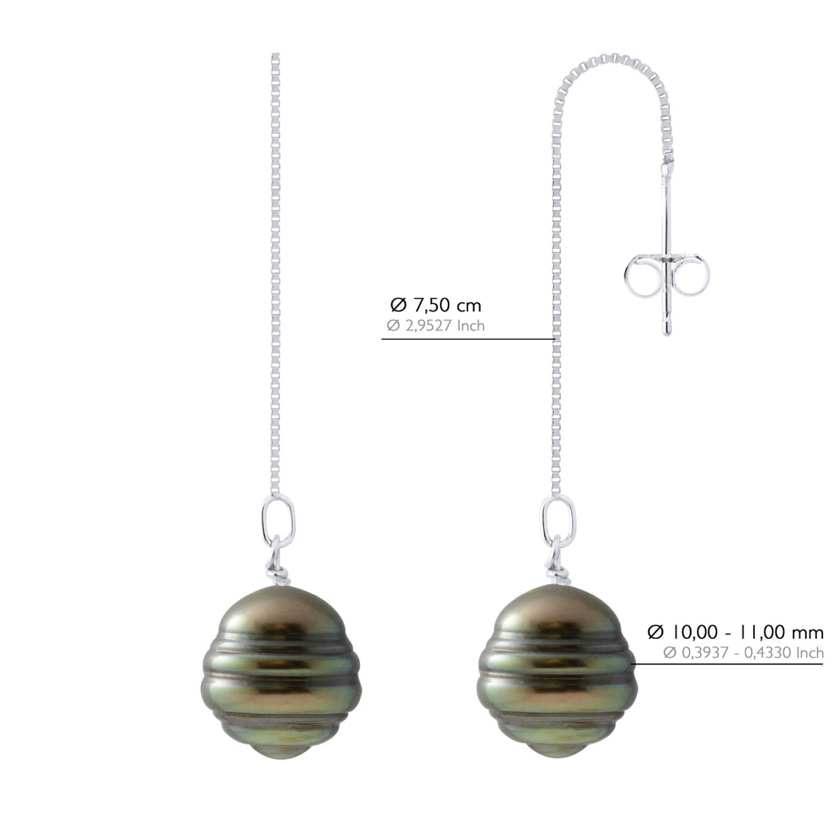 Hanging Earrings -2 Real Cultured Tahiti Pearls Circled 10-11 mm - Longueur 42 cm