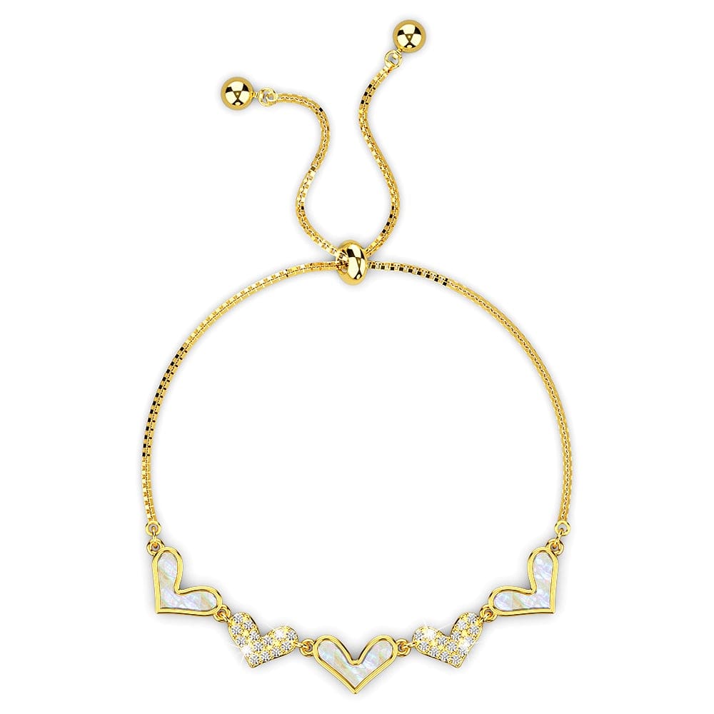 Bullion Gold Laurel Diamonelle Hearts on Mother of Pearl Shell Adjustable Slider Bracelet Gold