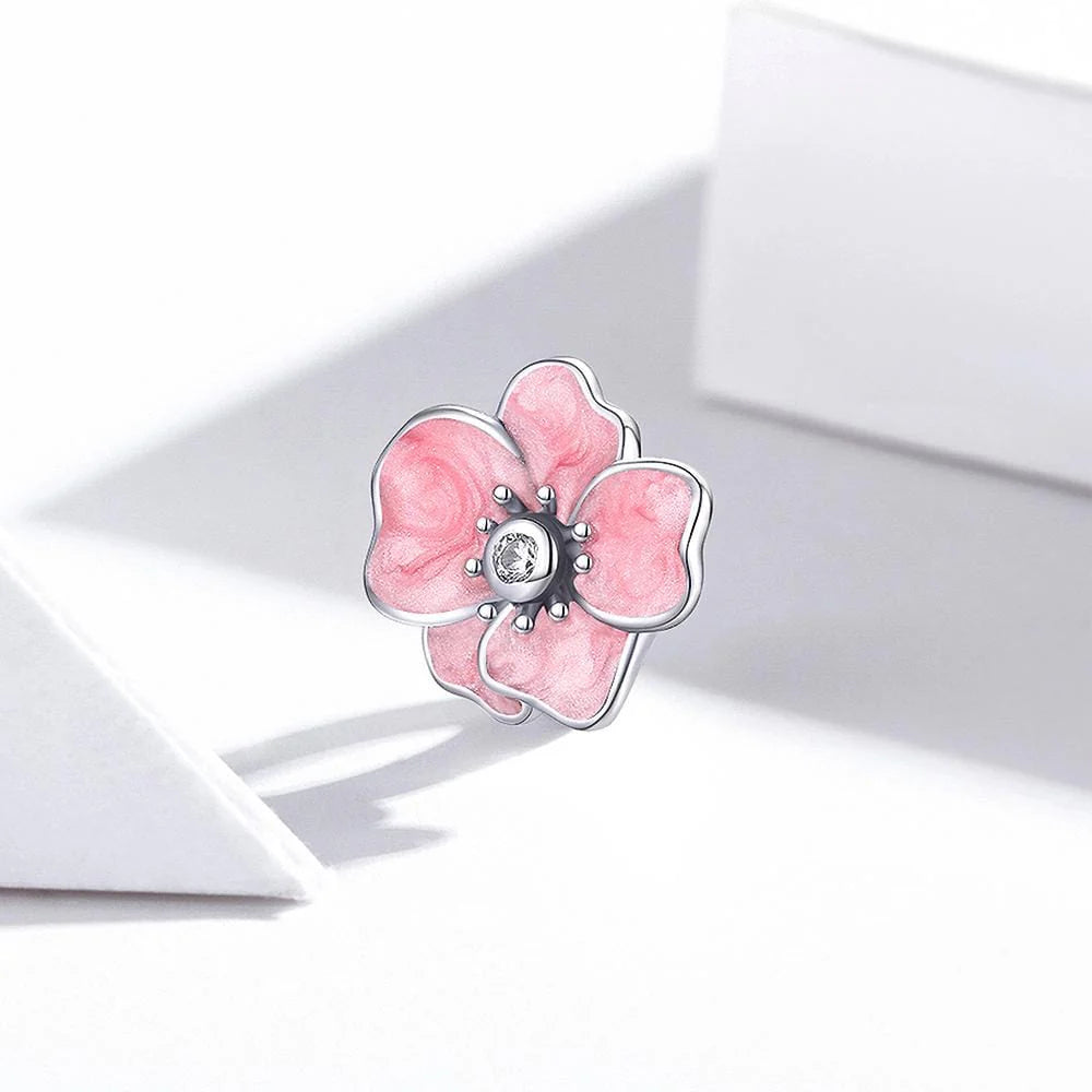 Solid 925 Sterling Silver Inlay Pink Floral Pandora Inspired Charm