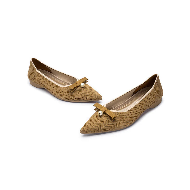Sarah Casual Pearl Bow Commuter Flats - Tan