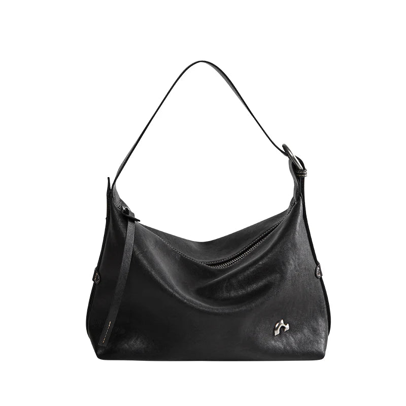 Nalandu Vintage Slouchy Leather Shoulder Bag - Black