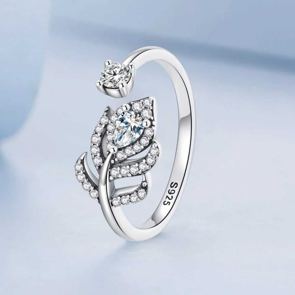 Adjustable Solid 925 Sterling Silver Crystal Feather Open Cut Ring