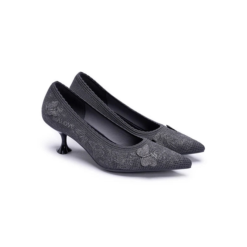 Floral Butterfly Pointed Toe Kitten Heels - Charcoal