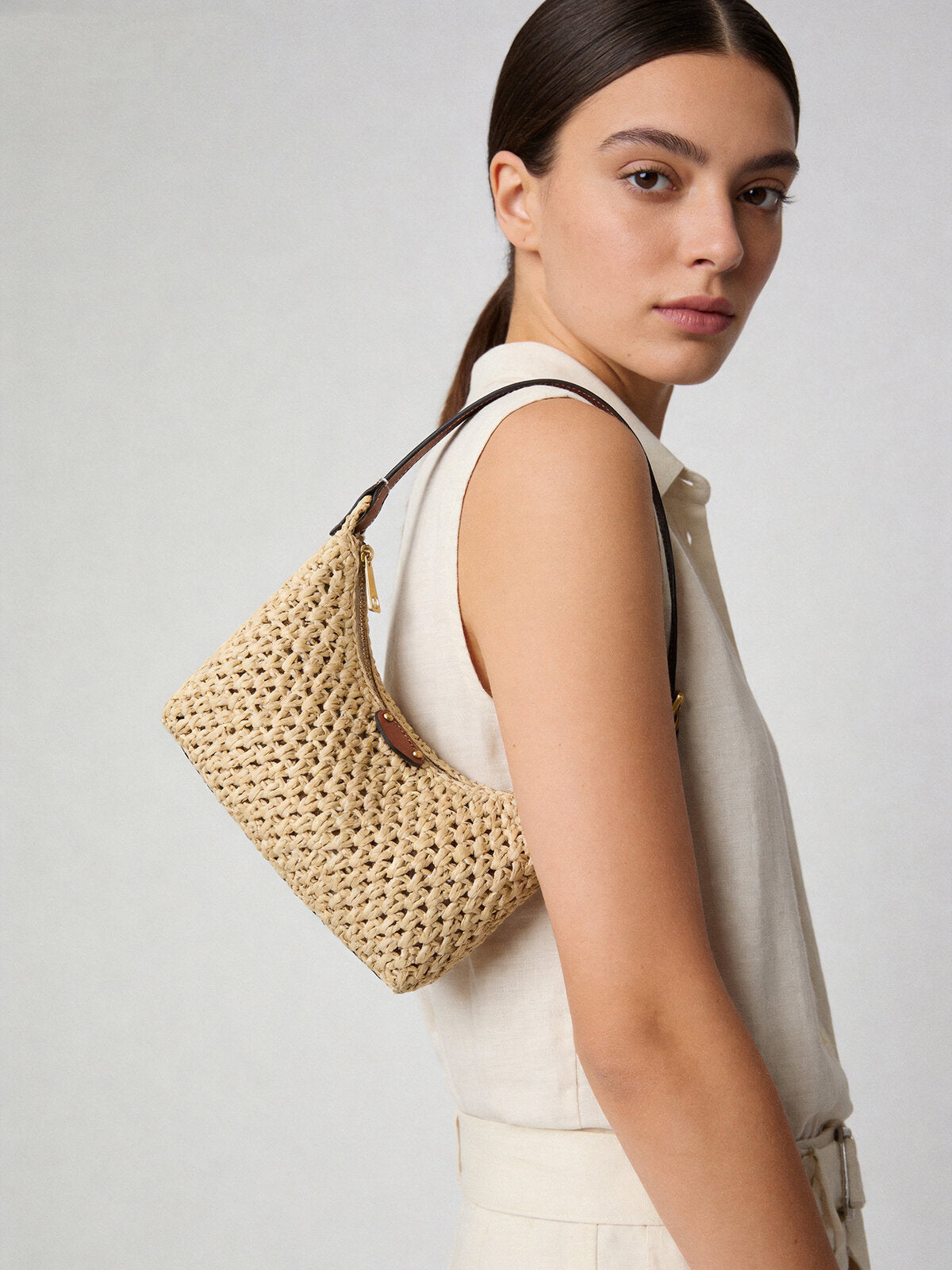 Handwoven Raffia Crochet Crescent Shoulder Bag - Natural