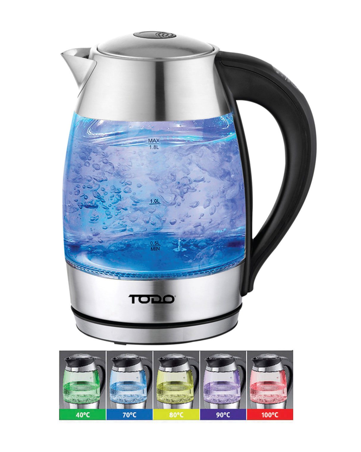 TODO 1.7L Glass Cordless Kettle Keep Warm Electric Dual Wall LED Water Jug - Stainless Steel