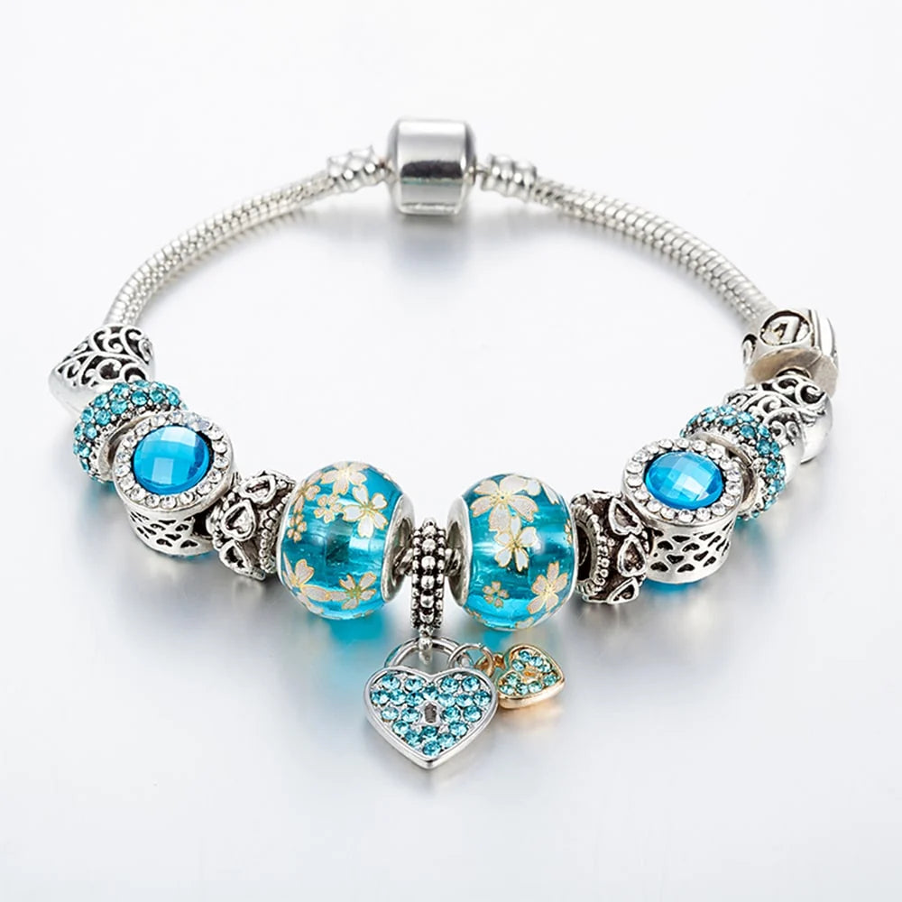 Pandora Inspired Full Set Beaded Charm Bracelet - Silver/Blue