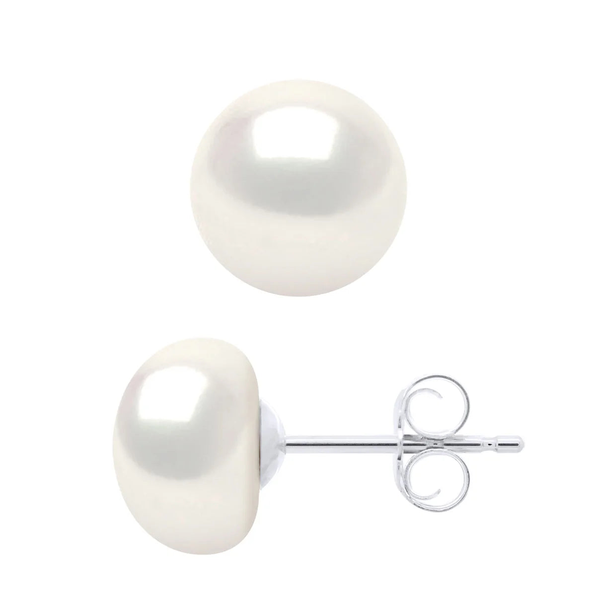 Earrings Button Freshwater Pearl White Sterling Silver 8-9mm
