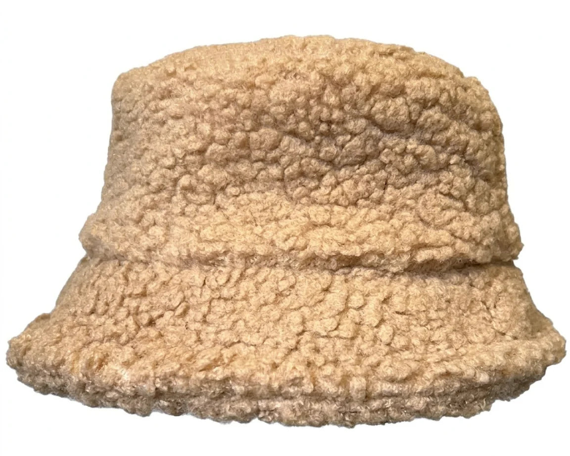 Cherry Red Sherpa Fleece Bucket Hat - Camel