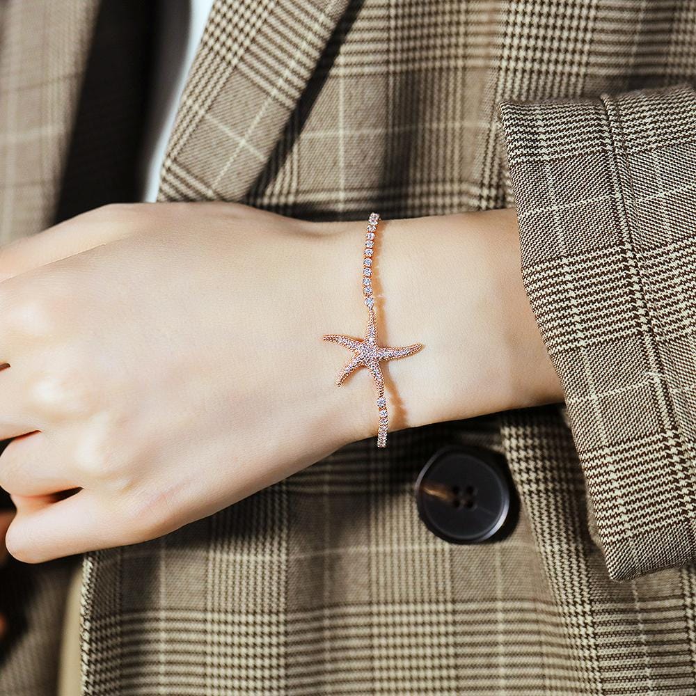 Bullion Gold Starfish Slider Bracelet with Simulated Diamond in Rose Gold Layered Steel Jewellery
