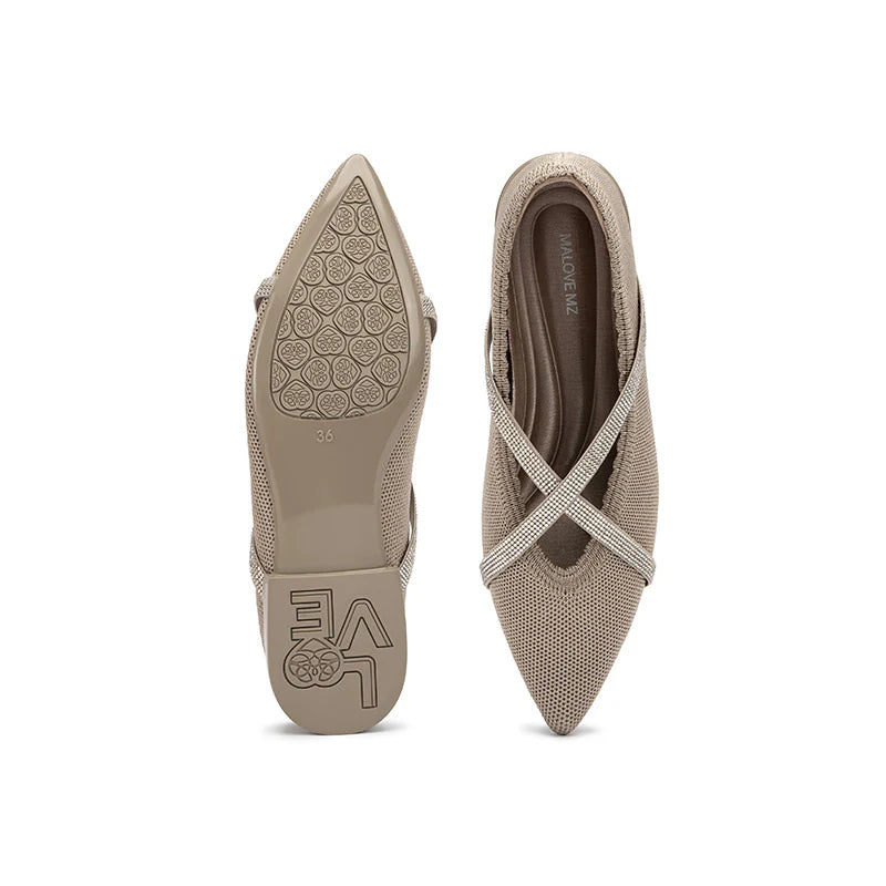 Rhinestone Cross Strap Pointed Toe Knit Flats - Sand