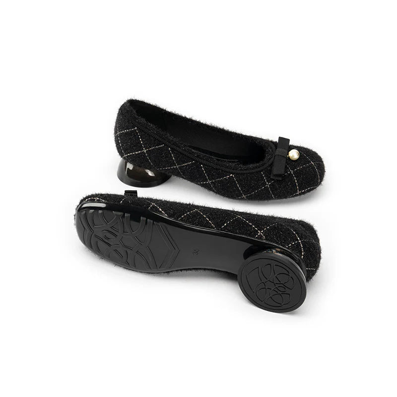 Classic Bow Tweed Quilted Pumps - Black