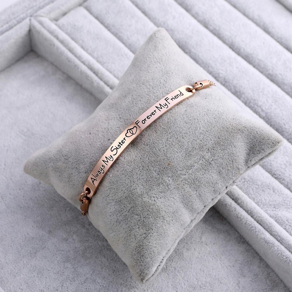 Bullion Gold Sisters Forever Inscriptions Rose Gold Bar Bracelet