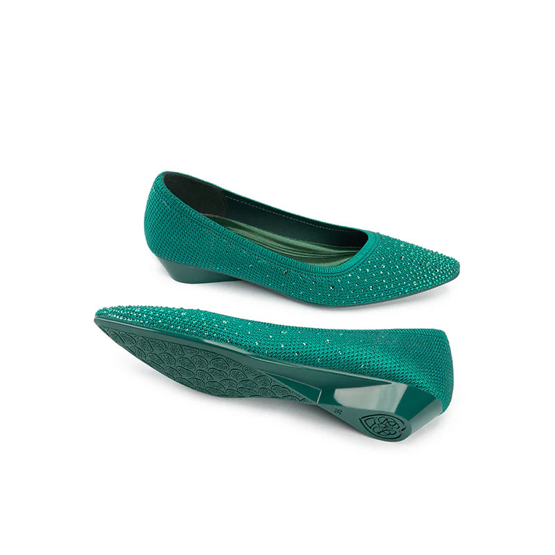 Rhinestone Gradient Knit Pointed Toe Wedge Flats - Green
