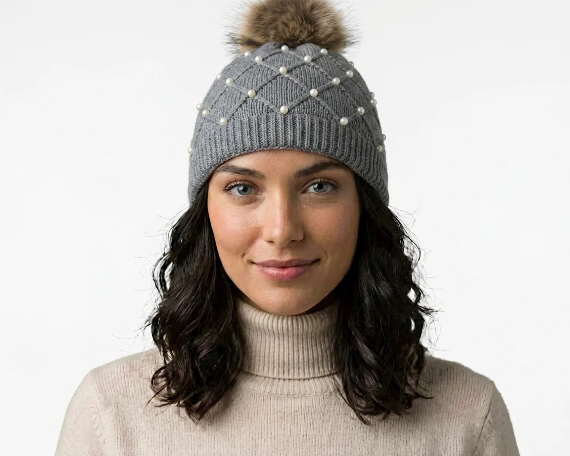 Cherry Red Pearl Beanie - Grey