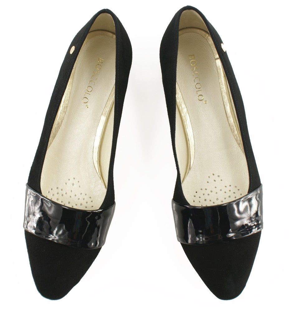 Bosccolo Womens Ballerina Pas - Black Suede/Lacquered